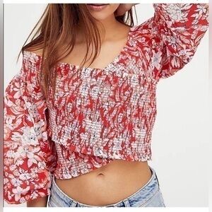 Free People Floral Smocked Long Sleeve Crop Cross Over East to West XS Red/Pink